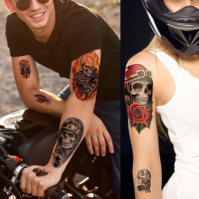 77 Sheets Motorcycle Temporary Tattoo for Women Men, 17 Sheets Half Arm Large Wing Skull Flowers Fake Tattoos, 60 Sheets Black Tiny for Adult Kids Party Body Tattoos Stickers Realistic