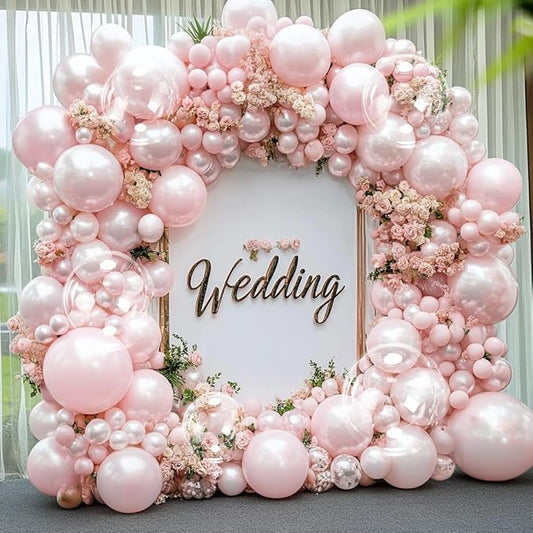 Pearl Pink Balloon Arch Double Stuffed Pastel Light Baby Pink Balloon Garland Different Sizes 12/10/5in With Clear Bobo Balloons for Birthday Wedding Bridal Baby Shower Engagement Party Decor