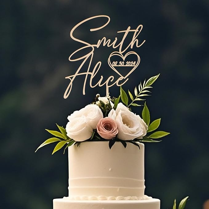 Personalized Wedding Cake Topper with Custom Bride and Groom's Names and Wedding Date in Heart Cake Decoration in Wood