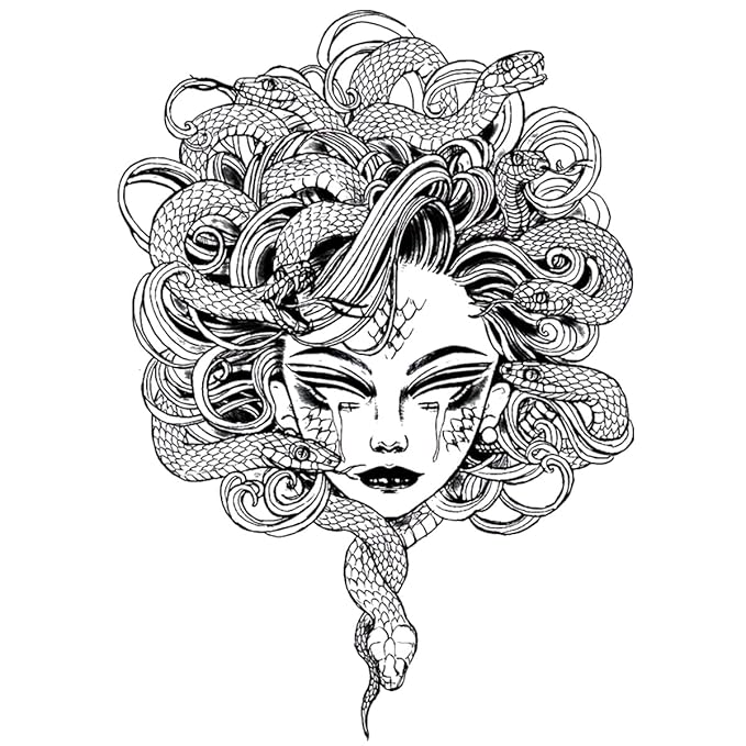 INKARTLINK Tattoo Tech, 2 Sheets Extra-Large Semi Permanent Tattoo, Adult Art Design Temporary Tattoos, Lasts 1-2 Weeks, Waterproof, Realistic Look, No Adhesive, No Reflection (Medusa Design)