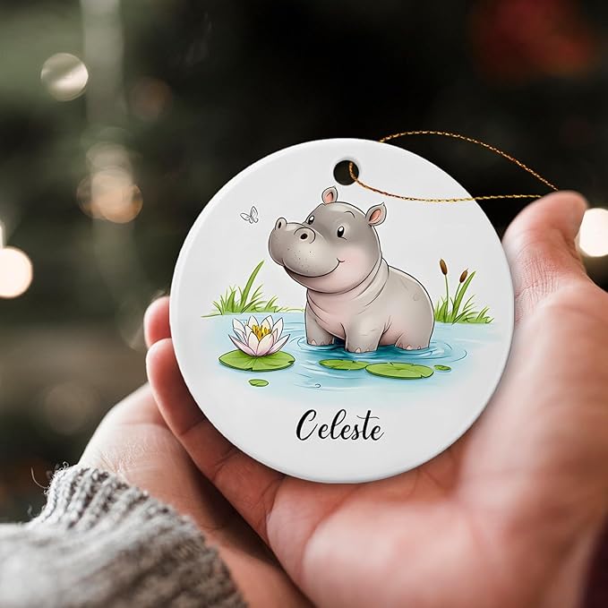 Baby Hippo with Nature Ornament, Hippo Christmas Keepsake with Customized Name, Cute Hippopotamus Ceramic Decoration, Gift for Family Friends Him Her Animal Lovers, Personalized Wild Animal Ornament