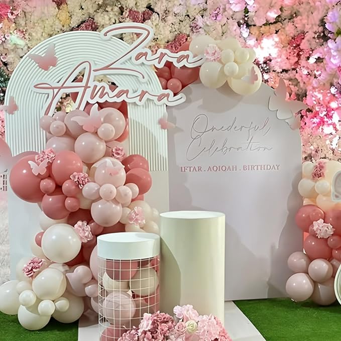 Pink and White Balloons Arch, Dusty Pink Bow Balloons Garland, Blush Beige Cream Latex Balloon, White Long Balloon as Bow Decor for Neutral Boho Birthday Party Baby Shower Bridal Wedding