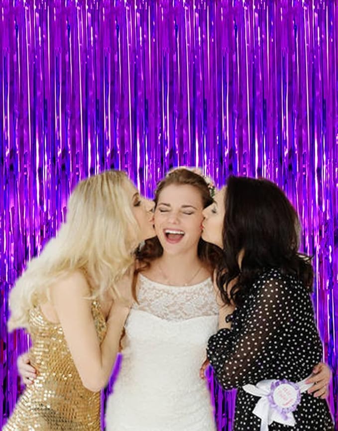 i-CHONY Purple Metallic Tinsel Foil Fringe Curtains,2pcs 3.2ft x 8.2ft Purple Backdrop Party Streamers for Birthday Wedding Engagement Bridal Shower Baby Shower Bachelorette Party Decorations