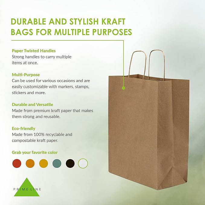 Prime Line Packaging Brown Paper Bags, Kraft Gift Bags with Handles for Small Business, Shopping, Retail Store, Boutique, Holidays, Bulk, 8x4x10, 400 Pack
