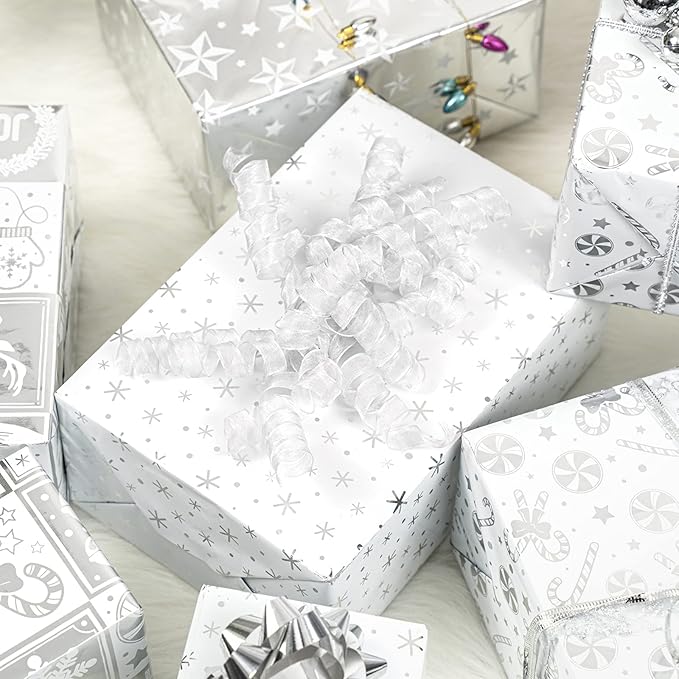 WRAPAHOLIC 30 Inch Silver Christmas Wrapping Paper Roll - Jumbo Roll Silver Snowflakes, Candy Cane Holiday Collection with Metallic Foil Shine - 4 Rolls - 30 Inch x 120 Inch Per Roll