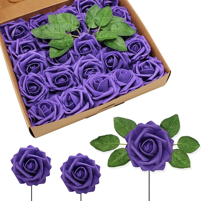 100PCS Dark purple Artificial Flowers Realistic Roses, Real Looking Fake Roses with Stem for DIY Wedding Bouquets Centerpieces Bridal Shower Party Home Romantic Decorations (Dark purple, 100pcs)