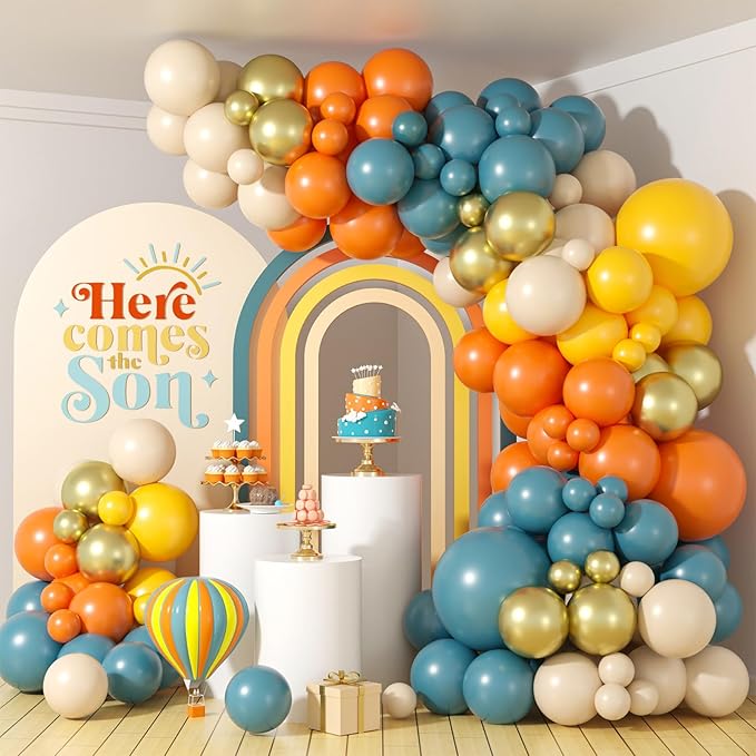 120Pcs Retro Blue Orange Yellow Balloon Arch Kit, Here Comes Balloon Garland Slate Blue Mustard Yellow for Baby Shower Boy First Trip Around the Sun Theme Birthday Boho Party Decoration