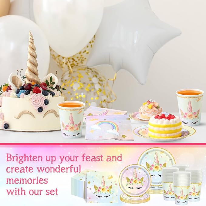 250 Pcs Unicorn Fairy Party Decoration for Girl, Happy Birthday Rainbow Floral Pastel Fairy Theme Paper Plates Napkins and Cups Tableware for Unicorn Baby Shower Party Supplies, Serves 50