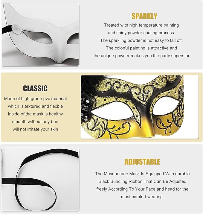 Masquerade Mask for Women Shiny Venetian Mask for Halloween Mardi Gras Costume Party Ball with Feather flower dec.