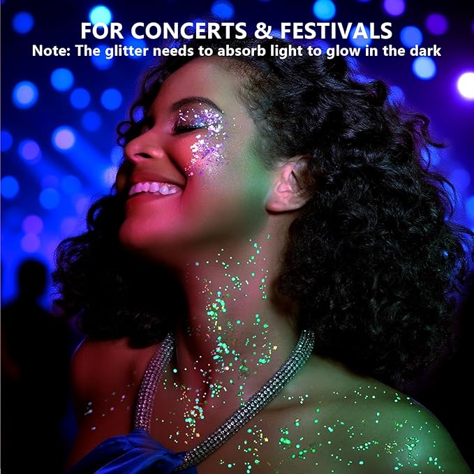 Teenitor Glow in The Dark Glitter, 12 Colors Body Glitter Face Glitter Hair Glitter Gel for UV Black Light Halloween Makeup Festivals Raves