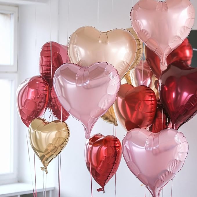 Rose Gold and Pink Heart Balloons, 18 Inch Red Pink Heart Shape Balloon, 12PCS Red Rose Gold Helium Foil Love Heart Balloon for Girls Birthday Engagement Wedding Valentine Party Decorations