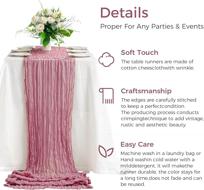 6 Pack Cheesecloth Table Runner 10Ft Boho Gauze Table Runner Cheese Cloth Long Rustic Sheer Table Runner for Wedding Bridal Baby Shower Birthday Party Cake Table Arbor Decorations (Dusty Rose)