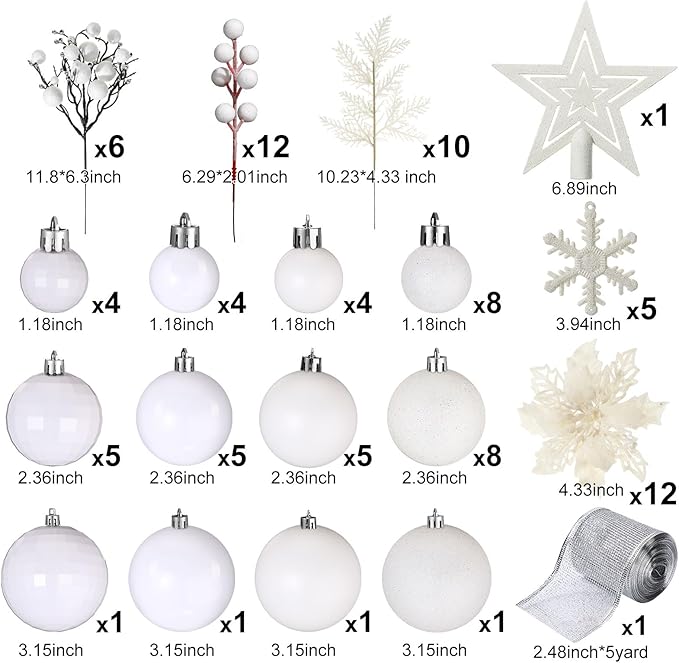 Sratte 94 Pcs Christmas Tree Decorations Set, Christmas Tree Ball Ornaments Glitter Poinsettia Flowers Decorations Glitter Berries Stems for Xmas Holiday Wedding(White)