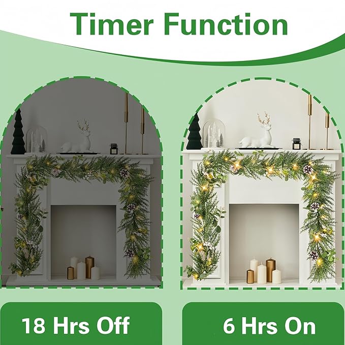6FT Christmas Garlands with 20 LED Lights,Prelit Articial Spruce Garland with Eucalyptus Berry Pinecone,Battery Operated for Stair Winter Indoor Home Decor
