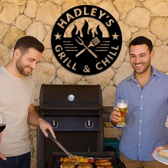 Custom Grill and Chill Metal Sign, Personalized Backyard BBQ Plaque with Fire and Utensils Design, Outdoor Patio Bar Wall Art, Rustic Western Decor, Gift Idea for Birthday, Christmas, Holiday BBQ