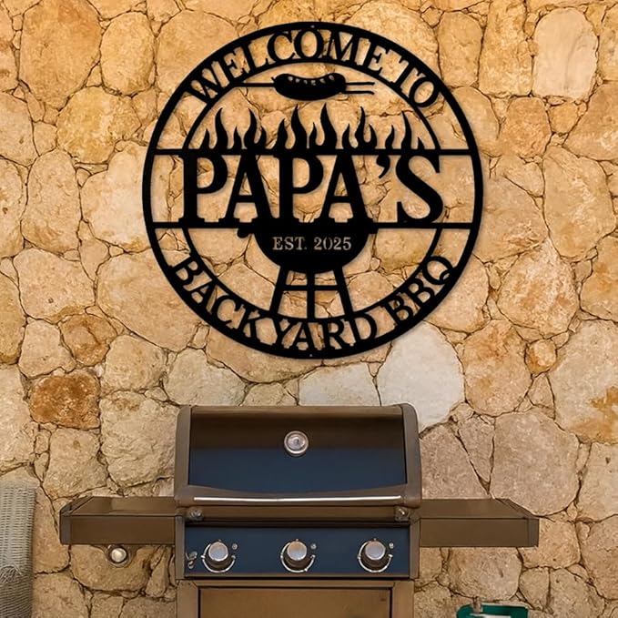 Custom Backyard BBQ Metal Sign, Personalized Papa’s Grill and Barbecue Plaque with Fire Pit Design, Outdoor Patio Yard Wall Decor, Rustic Metal Wall Art, Gift Idea for Birthday, Christmas, Holiday