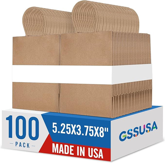 GSSUSA 100 Pack Paper Gift Bags 5.25x3.75x8 Inch Small Brown Paper Bags with Handles Bulk, Brown Kraft Bag for Small Business, Sturdy Grocery Retail Shopping Birthday Party Favor Craft Bag （Made in USA）