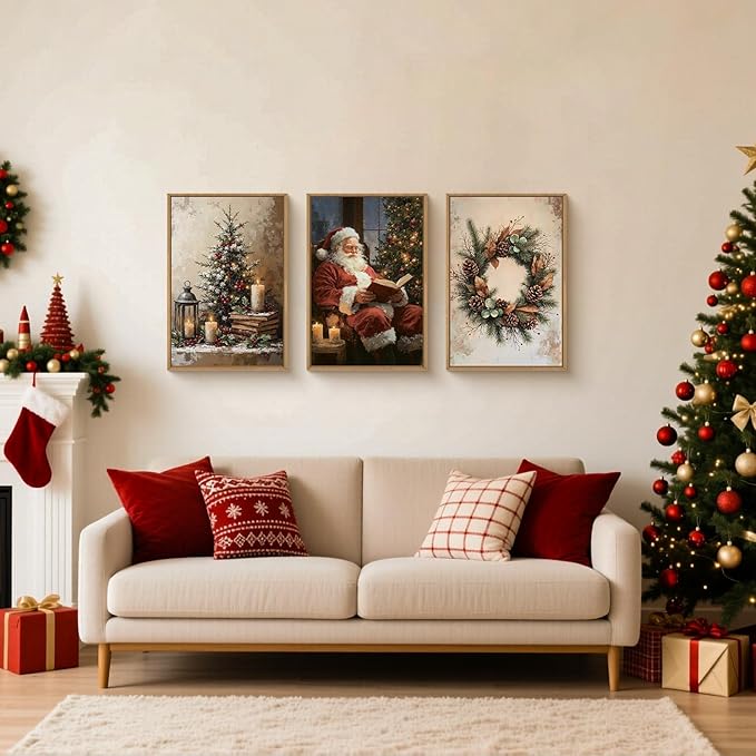 HOURIA Vintage Christmas Framed Canvas Wall Art Set,Santa Claus Reading Book Decor, Wreath Pinecone Berries Artwork,Cozy Night Tree Candle Lantern Prints for Living Room,Xmas 16"x24"x3