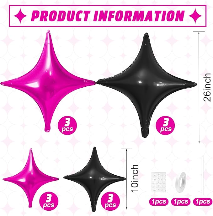 Hot Pink Black Star Balloons,12Pcs Four Angle Star Foil Balloons,26Inch and 10Inch Black and Pink Quadrangle Helium Balloon for Birthday Anniversary Party Decorations
