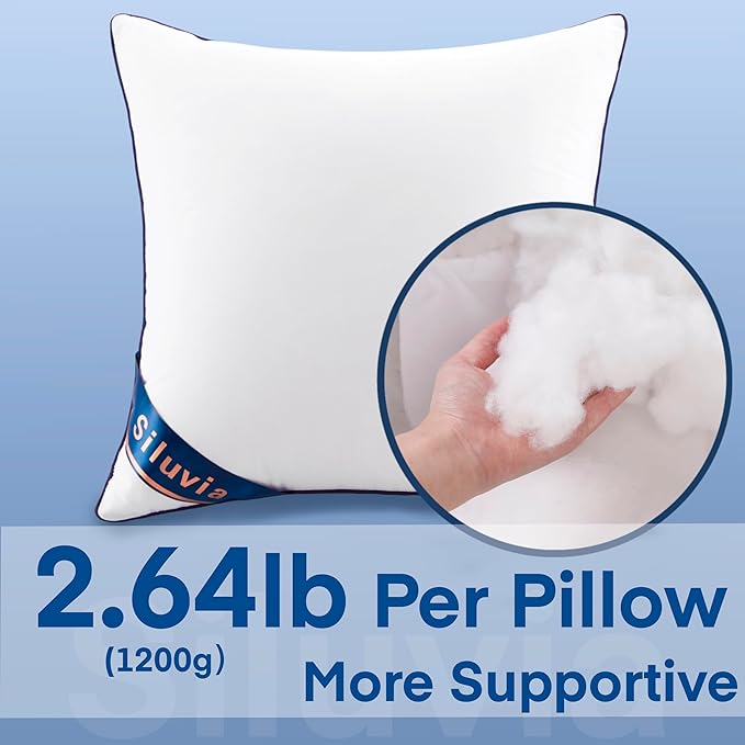 Siluvia 24x24 Pillow Inserts Set of 2 Square Throw 24 Euro Pillows with 100% Cotton Cover for Sofa, Couch, and Bed - White