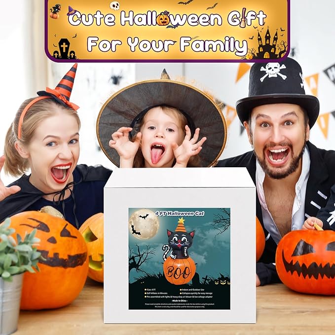 4FT Halloween Inflatable Decor Pumpkin Cat Helloween Blow Up Decoration with LED Lights Indoor Outdoor Yard Graden Party Holiday Decor
