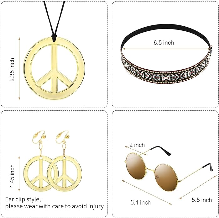 WILLBOND 4 Pcs 70s Accessories Women Hippie Costume Set - Sunglasses, Necklace Earrings, Headband, Outfits for Carnival Halloween 70s 60s Party Accessories