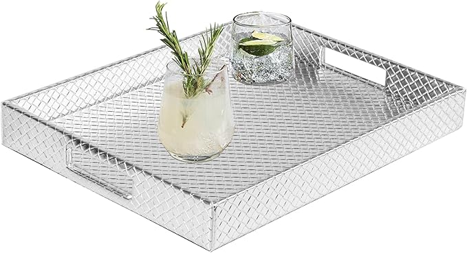 HofferRuffer Rectangle Serving Tray with Hole Handles for Coffee Table, Breakfast, Tea, Food, Butler - Countertop, Kitchen, Vanity Serve Tray, 16.2 x 12.2 x 2 inches, Faux Leather (Silver)