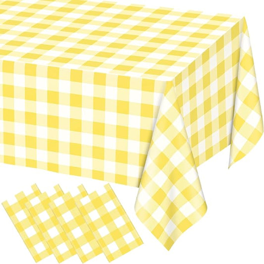 WNINK 4 Pack Light Yellow Gingham Rectangular Plastic Tablecloths, Yellow and White Checkered Disposable Table Covers 54" x 108" for Birthday, Wedding, Bridal Shower, Outdoor Picnic Camping Parties