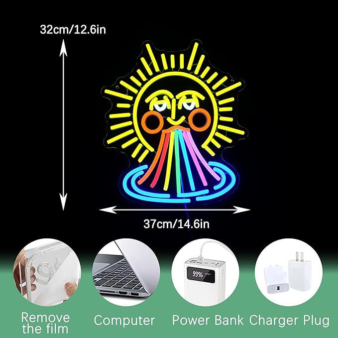 Sun Rainbow Neon Sign for Wall Decor Sun Neon Light Sunrise Light Up Sign Rainbow Led Neon Light for Bedroom Gallery Pub Party Club (14.56 * 12.59 In)