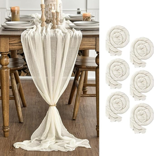 Artoid Mode Boho Beige Gauze 6 Pieces Wedding Table Runner, 120 Inch Birthday Fabric Kitchen Dining Holiday Table Decor for Home Party Indoor