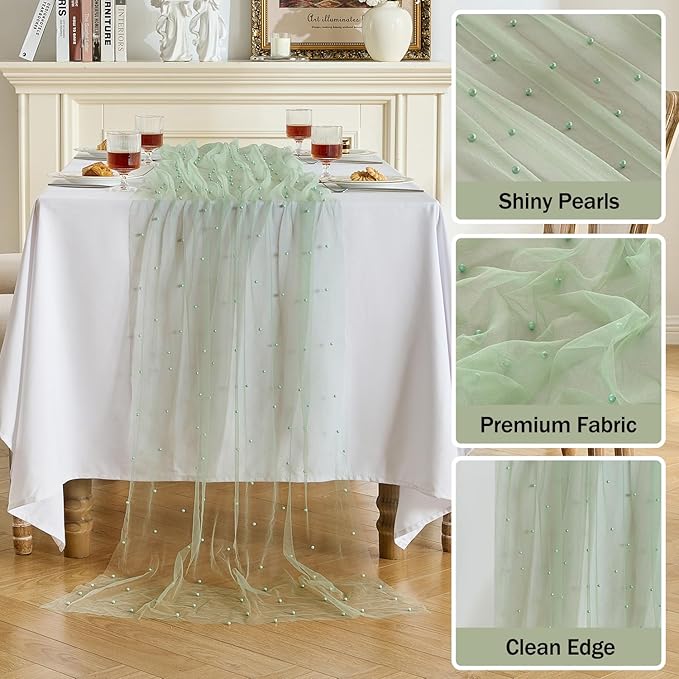 Fanami 1 Pack Pearl Table Runner -10FT Sage Green Boho Tulle Table Runners 120 Inches Long Rustic Sheer Lace Fabric Centerpieces for Wedding Arch Birthday Party Bridal Veil Baby Shower Decorations