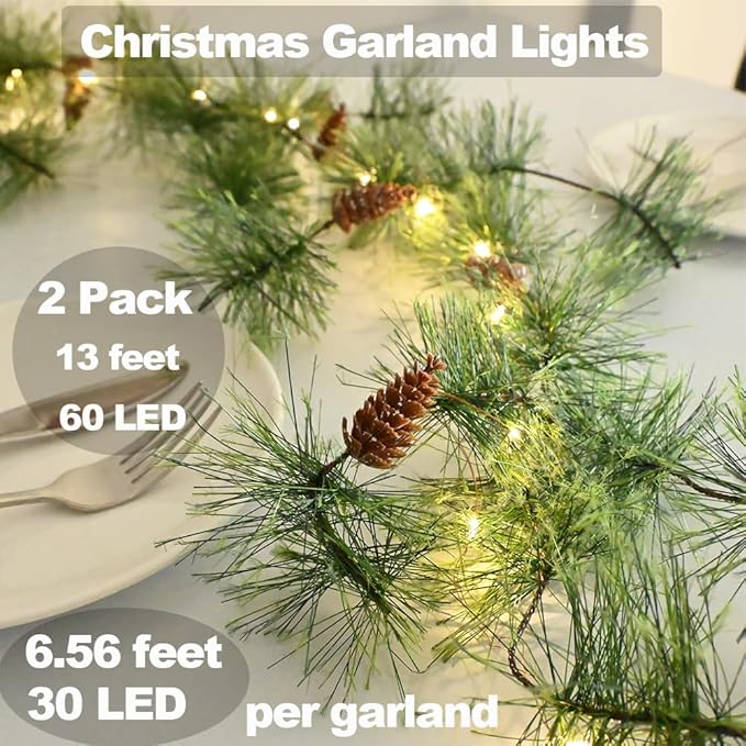 Christmas Garland with LED Fairy Lights 13FT Battery Operated Smokey Pine Garlands with 8 Flash Modes and Timer Pine Cones Artificial Greenery Garland Rustic Garlands for Xmas Holiday Home