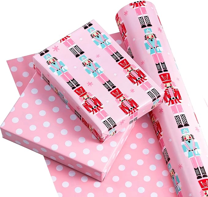 WRAPAHOLIC 30 Inch Jumbo Reversible Nutcracker Christmas Wrapping Paper - 30 Inch x 100 Feet Jumbo Roll Pink Nutcracker Wrapping Paper and Polke Dot Design for Christmas, Holiday, Party Celebration