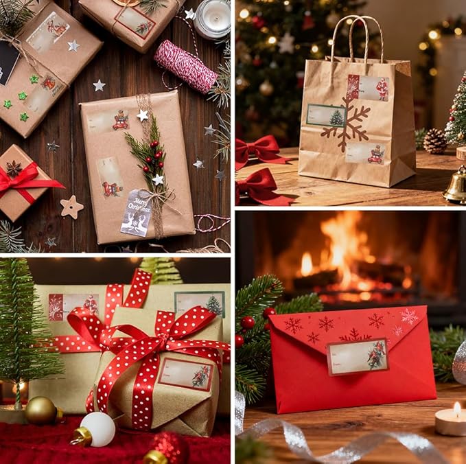 500 PCS Christmas Gift Tags Stickers, Gift Tags for Christmas Presents Name Tag Stickers, Wrapping Paper for Gifts Vintage Sticker Self-Adhesive Name Tag Xmas Decorations