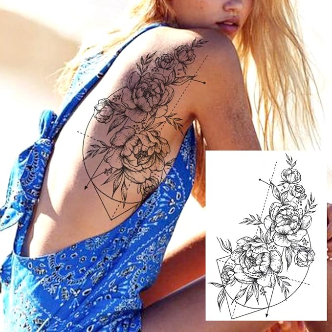 COKTAK 6 Pieces/Lot 3D Realistic Large Black Rose Flower Temporary Tattoos For Women Body Art Arm Big Peony Geometric Tattoo Stickers Adults Fake Waterproof Tatoo Legs Sketch Sexy Girl Peach Lily