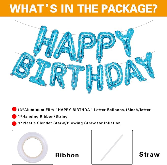 Accevo Blue Happy Birthday Banner,16 Inch Star Pattern Birthday Balloons Foil Letters Balloon Happy Birthday Sign for Kids, Child, Adults, Boys & Girls Birthday Party Decorations Birthday Banner