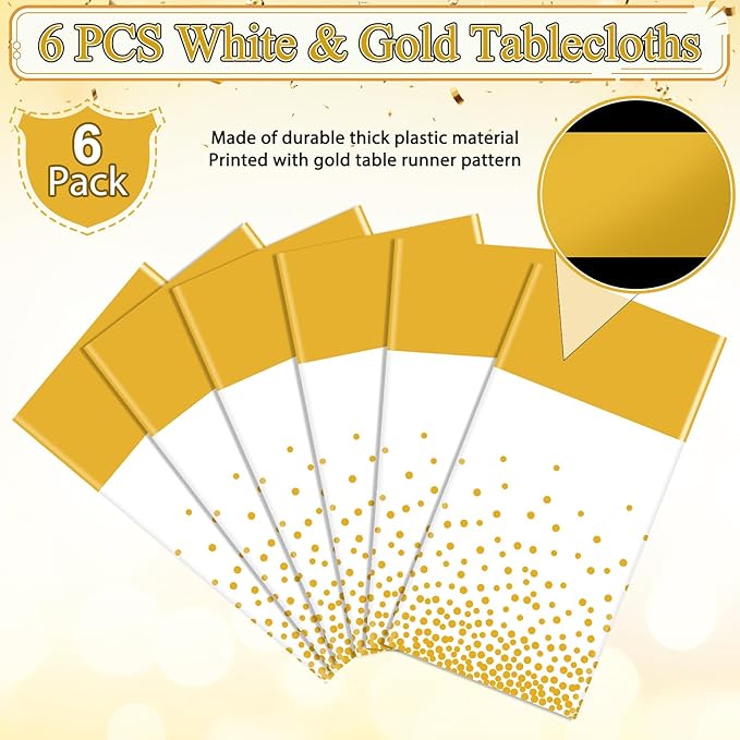 6Pcs White and Gold Tablecloth Party Decorations,Plastic White Table Cloth Printed Gold Table Runner Disposable Rectangle Table Cover for Birthday Wedding Anniversary Graduation Party,54 x108 Inch