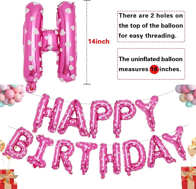 Accevo Pink Happy Birthday Banner,16 Inch Mylar Foil Letters Balloons Heart Pattern Balloons Happy Birthday Balloon for Kids, Child, Adults, Boys & Girls Birthday Party Decorations Happy Birthday Sign