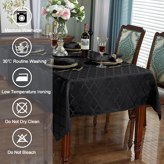 SASTYBALE Jacquard Tablecloths for Rectangle Tables, Shiny Textured Minimalist Table Cloths, Wrinkle Free Polyester Table Cover for Kitchen Dining (Oblong, 52" x 70" (4-6 Seats), Black)