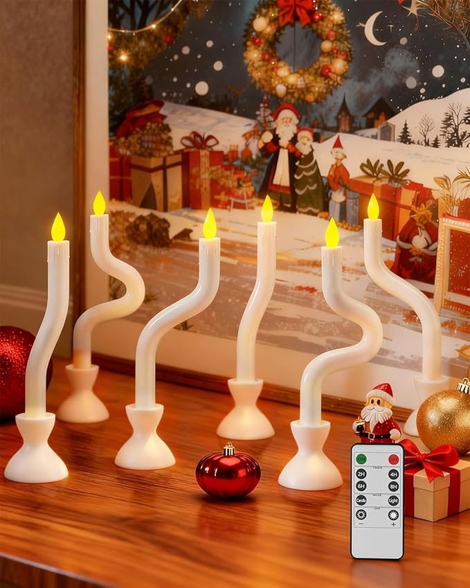 COOLWUFAN Christmas Window Candles, 6 Pcs Flameless Taper Candles with Remote Timer, Battery Operated Dripless LED Flickering 3D Flame, Holiday Decor for Home, Party (White Base)