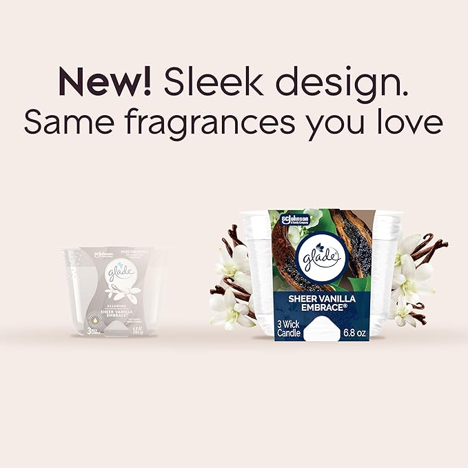 Glade Sheer Vanilla Embrace 3-Wick Fragrance Candle, Essential Oil Infused, Air Freshener, 6.8 Oz, 3 Count