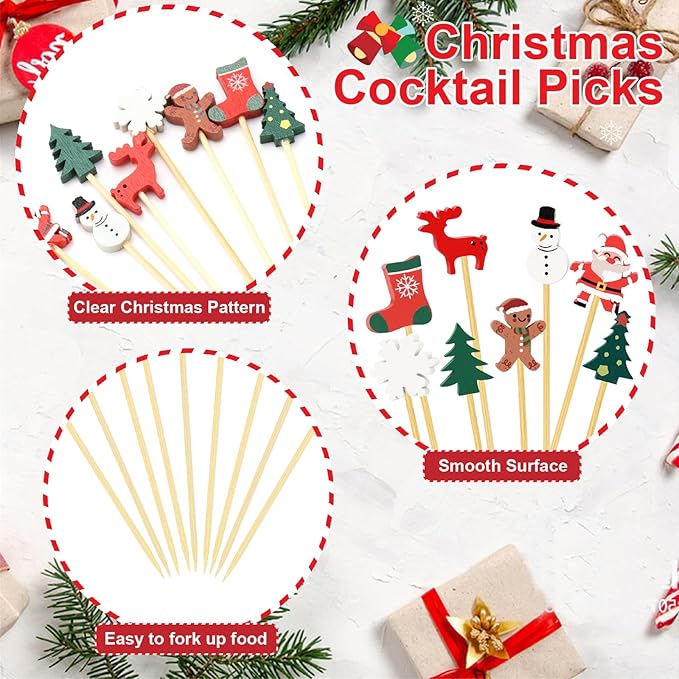100 Christmas Cocktail Picks, 8 Kind of Christmas Toothpicks, Xmas Tree Snowman Santa Reindeer Stocking Bamboo Charcuterie Skewers Fruit Food Appetizer Sticks for Christmas Party Supplies Decorations