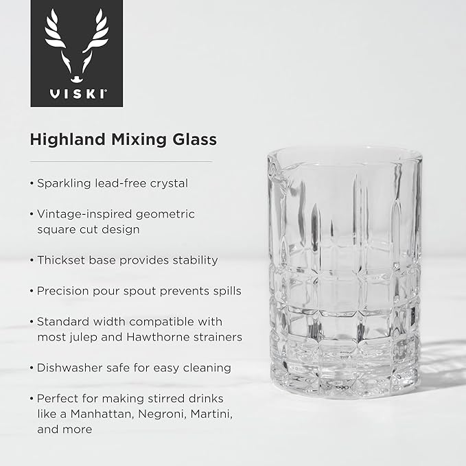 Viski Highland Mixing Glass - 18 Ounces, Crystal, Square-Cut Crystal Barware, Cocktail Accessories, Home Bar Supplies