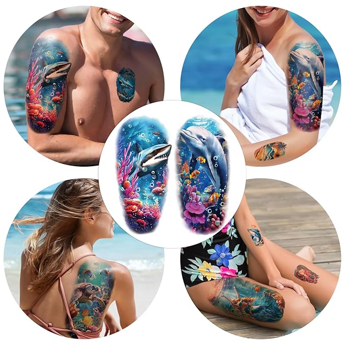77 Sheets Temporary Tattoo for Women and Men, 17 Sheets Half Arm Shark Dolphin Jellyfish Turtle Fish Fake Tattoos, 60 Sheets Beach Ocean Tiny for Adults Kids Body Tattoos Stickers Waterproof Realistic