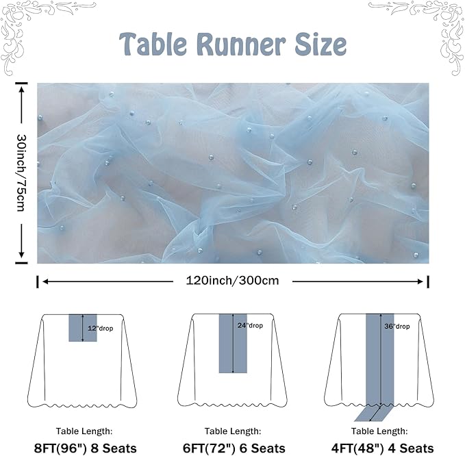 Fanami 3 Pack Pearl Table Runner -10FT Dusty Blue Boho Tulle Table Runners 120 Inches Long Rustic Sheer Lace Fabric Centerpieces for Wedding Arch Birthday Party Bridal Veil Baby Shower Decorations