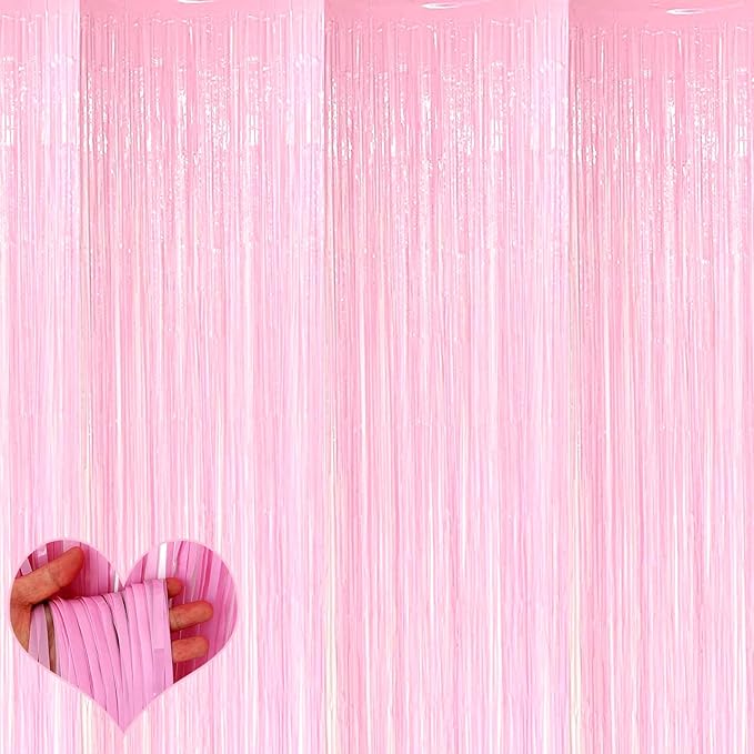 4 Pack Fringe Curtain Backdrop, 3.2Ft x 9.8Ft Pink Metallic Tinsel Foil Fringe Streamers Background for Photo Booth Birthday Wedding Baby Shower Carnival Easter Mother’s Day Party Decorations