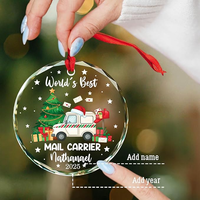 Personalized World's Best Mail Carrier Christmas Glass Ornament 2025, Mail Truck Christmas Tree Decoration Ornaments, Custom Name & Year Ornament Xmas Gifts for Postal Worker, Mailman Keepsake
