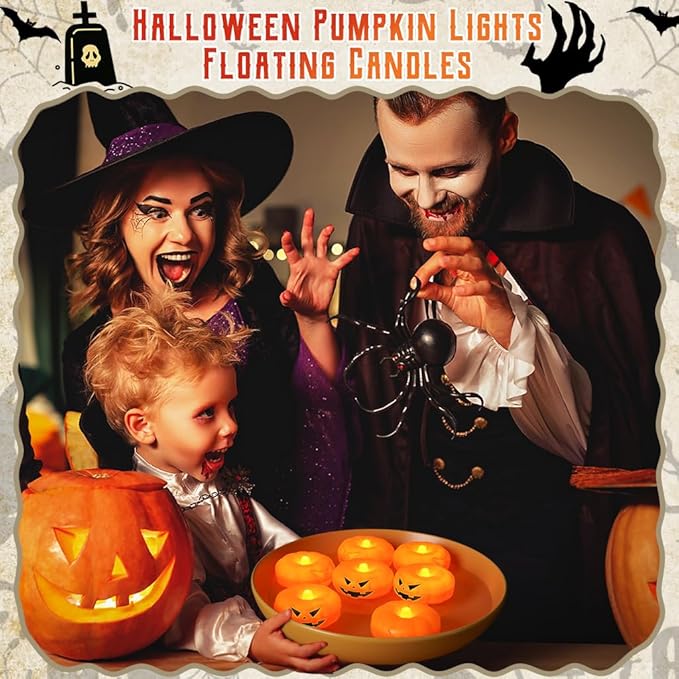 2.3” x24PK Orange Floating Candles-Halloween Flameless Water - Activated Candles, 180+ Hours Long - Lasting- Fall Decorations- Pool Decor-Thanksgiving Decorations