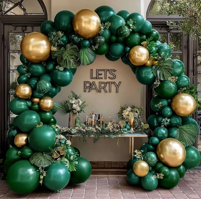 Emerald Green Gold Balloons Garland Double Stuffed Dark Green Gold Balloons Hunter Forest Metallic Arch Kit for Birthday Christmas New Year Baby Shower Jungle Party Decorations