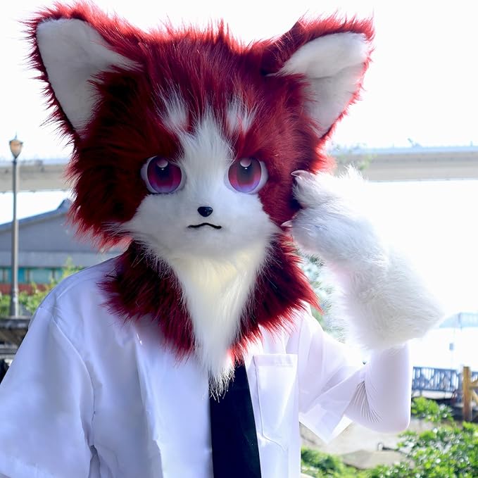 HAOAN Animal Furry Fursuit Head Mask Plush Cat Fox Mask Costume Props for Halloween Party
